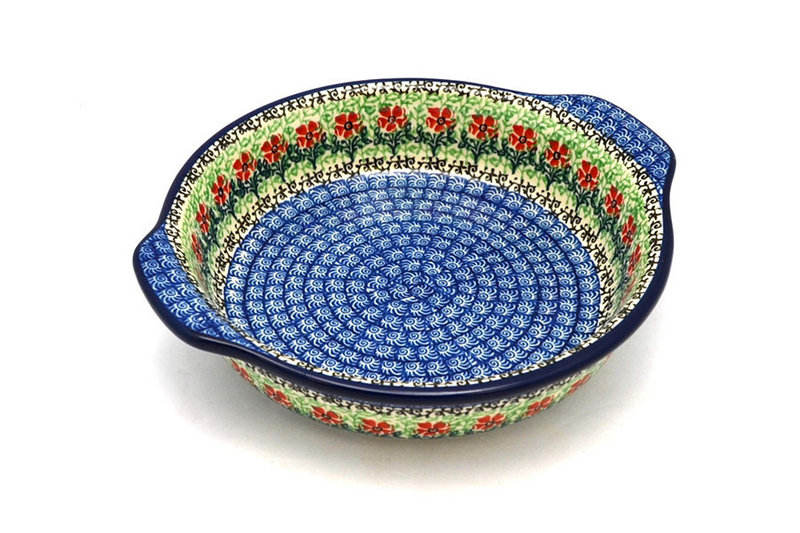 2"H x 8"W x 9"L (at handles)
 Polish Pottery Baker - Round with Grips - Medium - Maraschino 141-1916a (2"H x 8"W x 9"L (at handles)
)