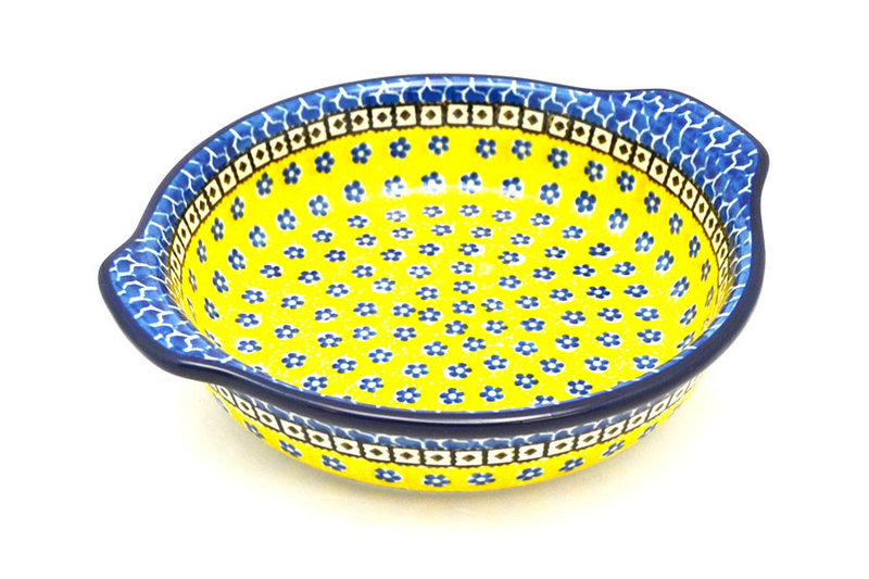 2"H x 8"W x 9"L (at handles)
 Polish Pottery Baker - Round with Grips - Medium - Sunburst 141-859a (2"H x 8"W x 9"L (at handles)
)