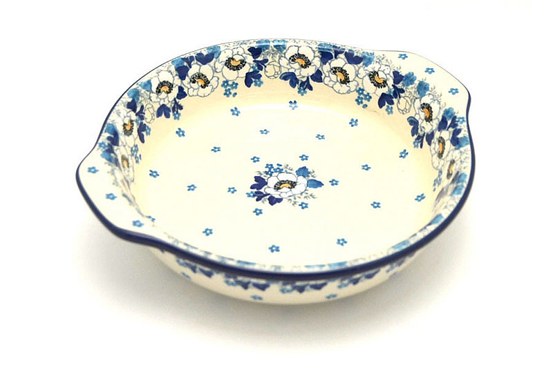 2"H x 8"W x 9"L (at handles)
 Polish Pottery Baker - Round with Grips - Medium - White Poppy 141-2222a (2"H x 8"W x 9"L (at handles)
)