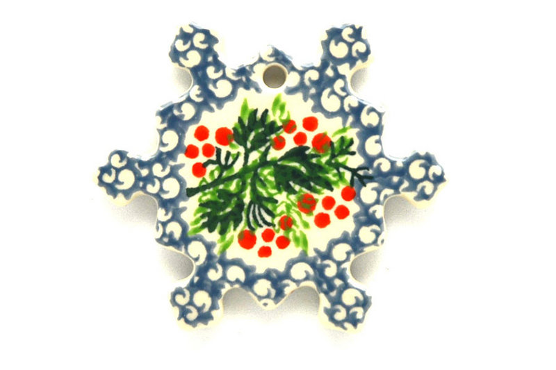 3/16"H x 3"W x 3"L
 Polish Pottery Ornament - Snowflake - Holly Berry A88-1734a (3/16"H x 3"W x 3"L
)