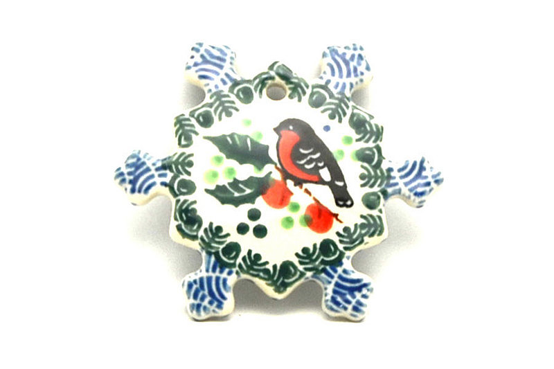 3/16"H x 3"W x 3"L
 Polish Pottery Ornament - Snowflake - Red Robin A88-1257a (3/16"H x 3"W x 3"L
)