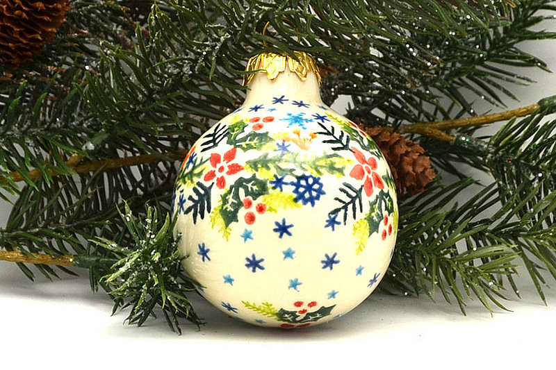 3 1/2"H x 2 3/8"W
 Polish Pottery Ornament - Ball - Holly Garland V002-VC311 (3 1/2"H x 2 3/8"W
)