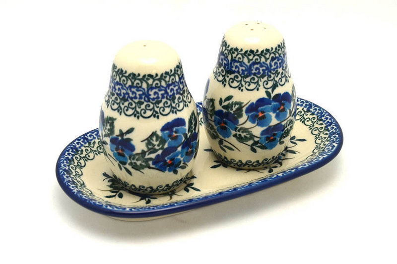 3 1/2"H x 4"W x 7"L
 Polish Pottery Salt & Pepper Set - Winter Viola 131-2273a (3 1/2"H x 4"W x 7"L
)