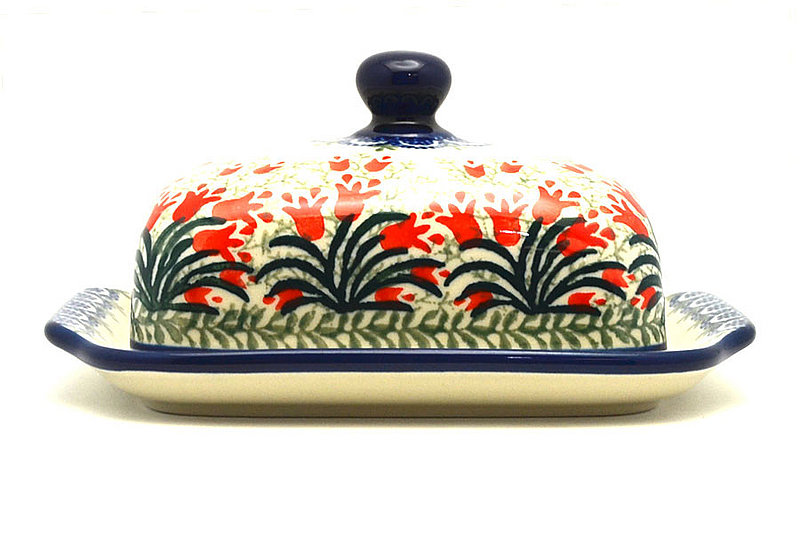 3 1/2"H x 5 - 5 1/4"W x 6 3/4 - 7"L
 Polish Pottery Butter Dish - Crimson Bells 295-1437a (3 1/2"H x 5 - 5 1/4"W x 6 3/4 - 7"L
)