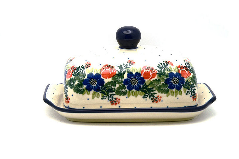 3 1/2"H x 5 - 5 1/4"W x 6 3/4 - 7"L
 Polish Pottery Butter Dish - Garden Party 295-1535a (3 1/2"H x 5 - 5 1/4"W x 6 3/4 - 7"L
)