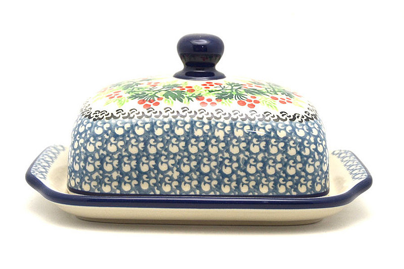 3 1/2"H x 5 - 5 1/4"W x 6 3/4 - 7"L
 Polish Pottery Butter Dish - Holly Berry 295-1734a (3 1/2"H x 5 - 5 1/4"W x 6 3/4 - 7"L
)