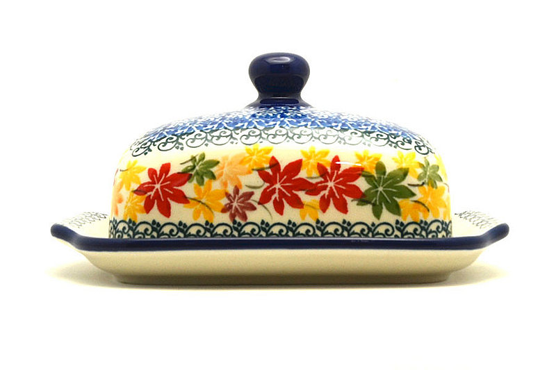 3 1/2"H x 5 - 5 1/4"W x 6 3/4 - 7"L
 Polish Pottery Butter Dish - Maple Harvest 295-2533a (3 1/2"H x 5 - 5 1/4"W x 6 3/4 - 7"L
)