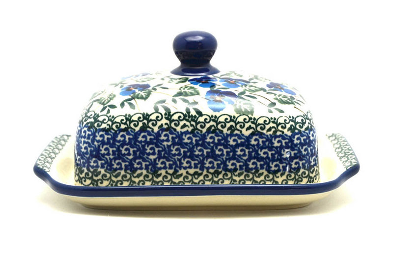 3 1/2"H x 5 - 5 1/4"W x 6 3/4 - 7"L
 Polish Pottery Butter Dish - Winter Viola 295-2273a (3 1/2"H x 5 - 5 1/4"W x 6 3/4 - 7"L
)