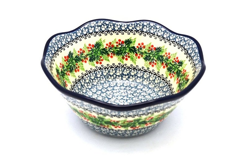 3 1/2"H x 8"W
 Polish Pottery Bowl - Curvy Edge - 8" - Holly Berry 691-1734a (3 1/2"H x 8"W
)