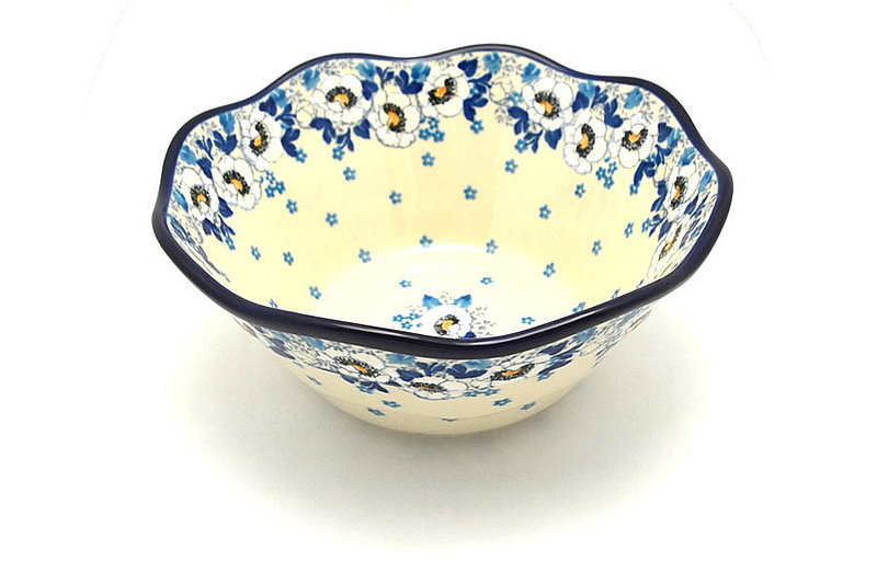 3 1/2"H x 8"W
 Polish Pottery Bowl - Curvy Edge - 8" - White Poppy 691-2222a (3 1/2"H x 8"W
)