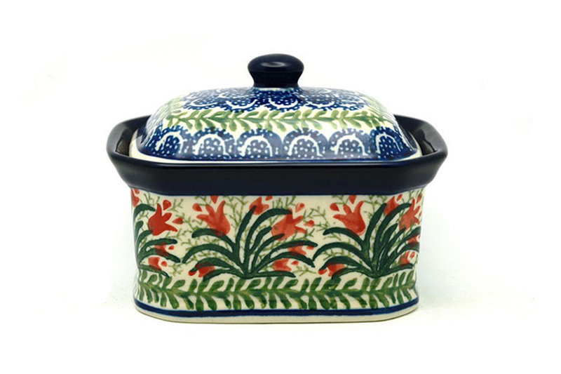 3 1/4"H x 3 1/2"W x 4 1/2"L
 Polish Pottery Cake Box - Small - Crimson Bells 385-1437a (3 1/4"H x 3 1/2"W x 4 1/2"L
)