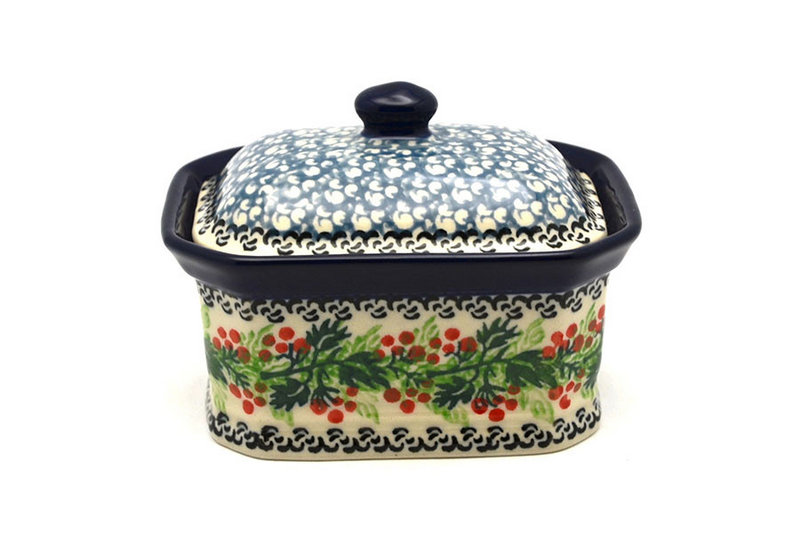 3 1/4"H x 3 1/2"W x 4 1/2"L
 Polish Pottery Cake Box - Small - Holly Berry 385-1734a (3 1/4"H x 3 1/2"W x 4 1/2"L
)