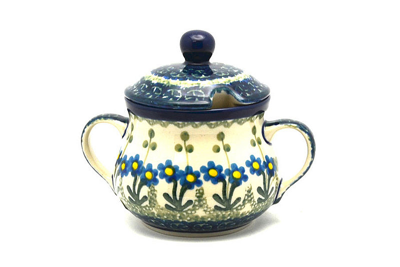 3 3/4"H x 3 1/2"W x 4 3/4"L
 Polish Pottery Sugar Bowl - Blue Spring Daisy 035-614a (3 3/4"H x 3 1/2"W x 4 3/4"L
)