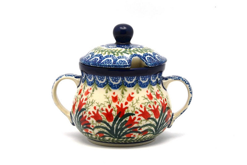 3 3/4"H x 3 1/2"W x 4 3/4"L
 Polish Pottery Sugar Bowl - Crimson Bells 035-1437a (3 3/4"H x 3 1/2"W x 4 3/4"L
)