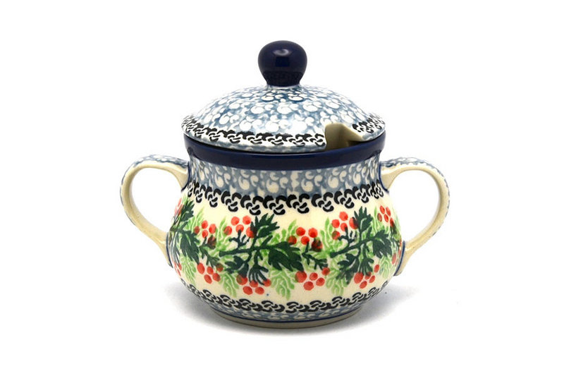 3 3/4"H x 3 1/2"W x 4 3/4"L
 Polish Pottery Sugar Bowl - Holly Berry 035-1734a (3 3/4"H x 3 1/2"W x 4 3/4"L
)