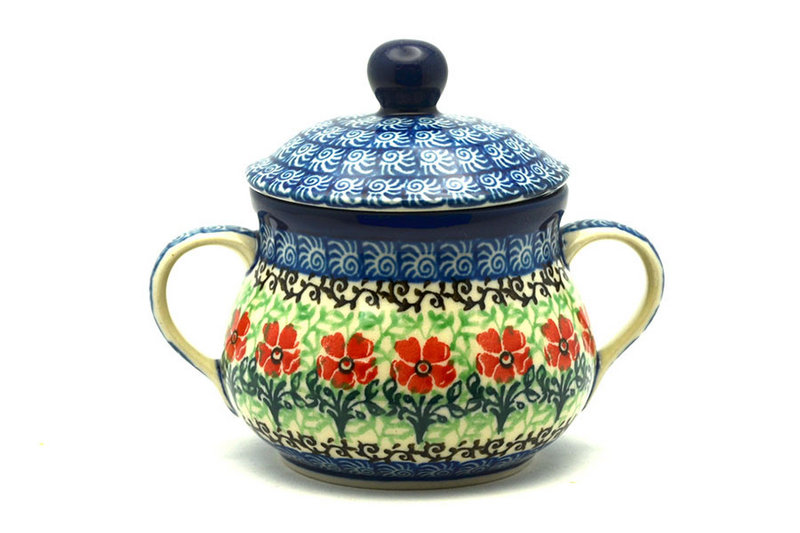 3 3/4"H x 3 1/2"W x 4 3/4"L
 Polish Pottery Sugar Bowl - Maraschino 035-1916a (3 3/4"H x 3 1/2"W x 4 3/4"L
)