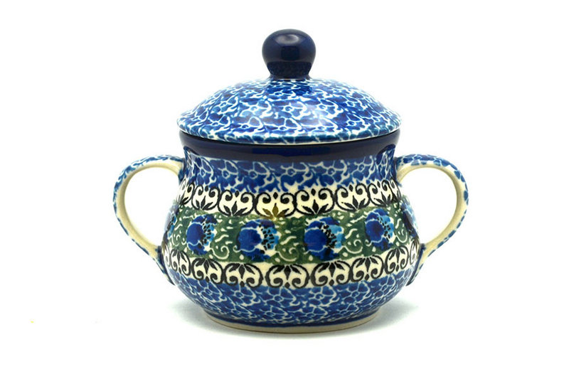 3 3/4"H x 3 1/2"W x 4 3/4"L
 Polish Pottery Sugar Bowl - Peacock Feather 035-1513a (3 3/4"H x 3 1/2"W x 4 3/4"L
)