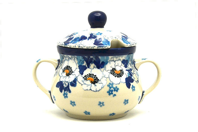 3 3/4"H x 3 1/2"W x 4 3/4"L
 Polish Pottery Sugar Bowl - White Poppy 035-2222a (3 3/4"H x 3 1/2"W x 4 3/4"L
)