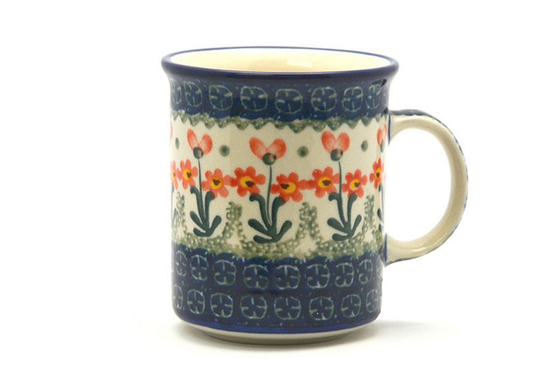 3 5/8"H (8 oz. measured to the rim)
 Polish Pottery Mug - Straight Sided - Peach Spring Daisy 236-560a (3 5/8"H (8 oz. measured to the rim)
)