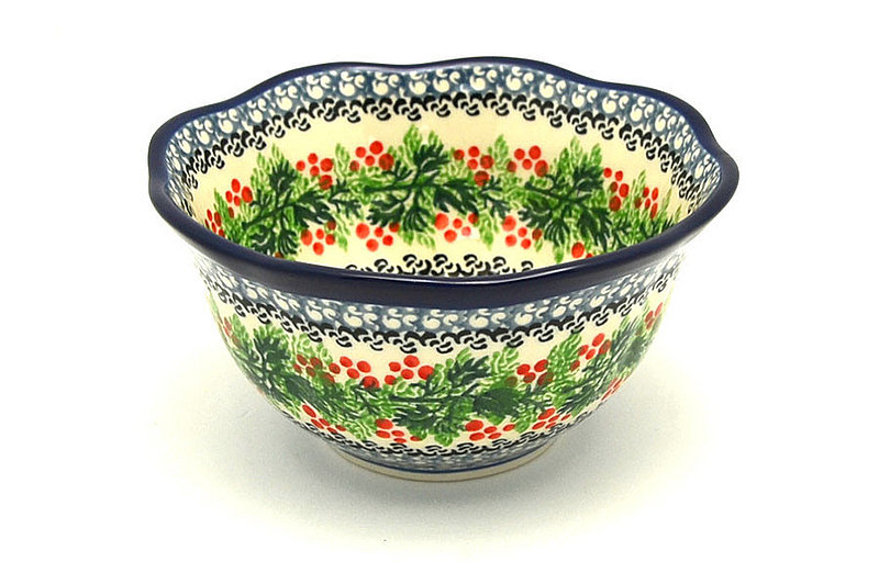 3"H x 5 3/4"W
 Polish Pottery Bowl - Wavy Edge - Holly Berry A54-1734a (3"H x 5 3/4"W
)