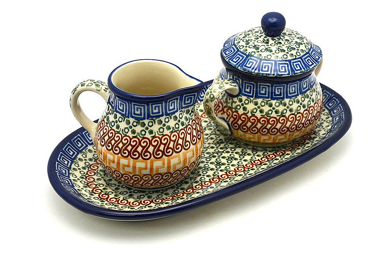 4 1/2"H x 5 1/4"W x 9"L
 Polish Pottery Cream & Sugar Set - Autumn 422-050a (4 1/2"H x 5 1/4"W x 9"L
)