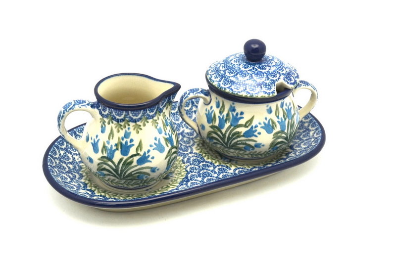 4 1/2"H x 5 1/4"W x 9"L
 Polish Pottery Cream & Sugar Set - Blue Bells 422-1432a (4 1/2"H x 5 1/4"W x 9"L
)