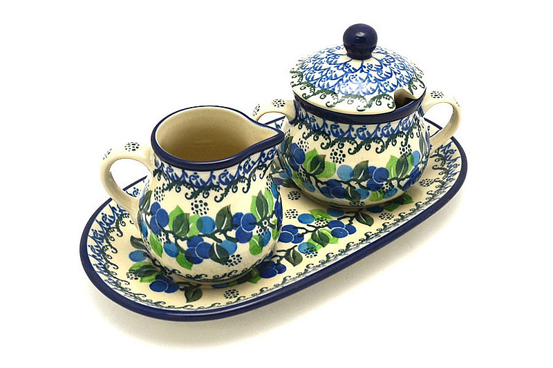 4 1/2"H x 5 1/4"W x 9"L
 Polish Pottery Cream & Sugar Set - Blue Berries 422-1416a (4 1/2"H x 5 1/4"W x 9"L
)