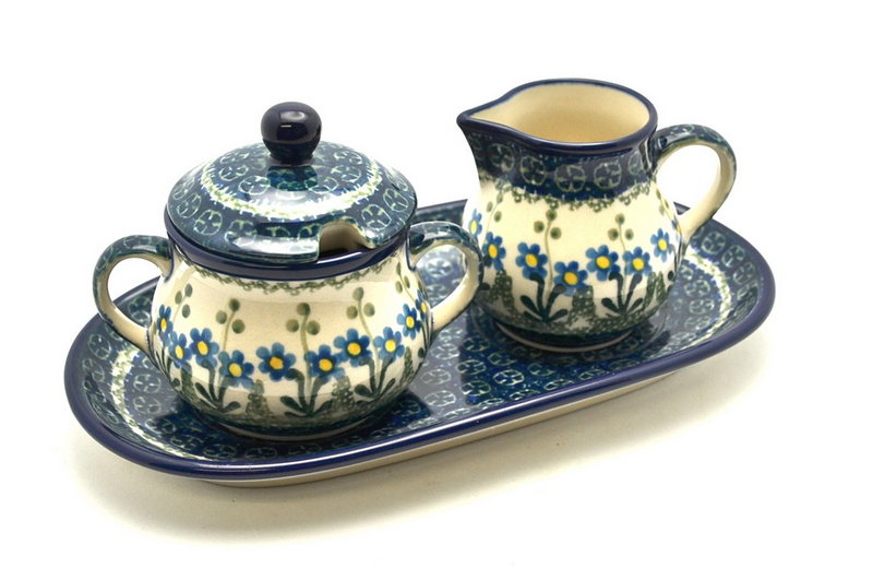 4 1/2"H x 5 1/4"W x 9"L
 Polish Pottery Cream & Sugar Set - Blue Spring Daisy 422-614a (4 1/2"H x 5 1/4"W x 9"L
)