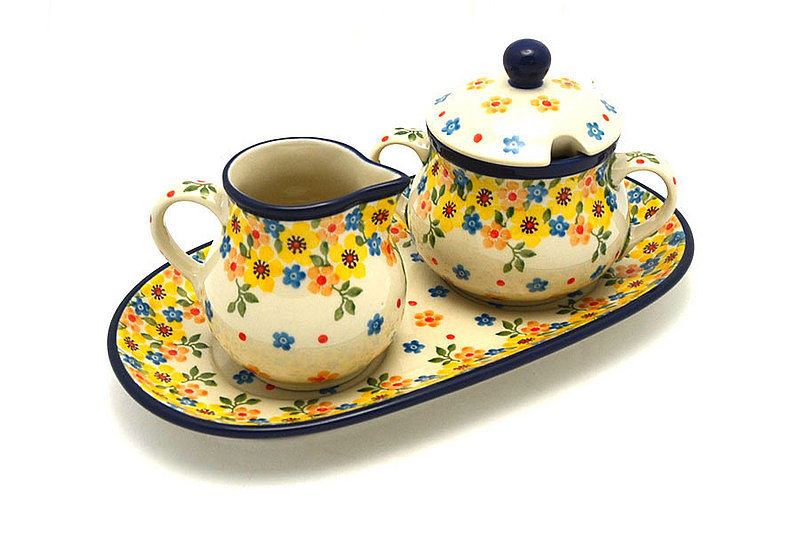 4 1/2"H x 5 1/4"W x 9"L
 Polish Pottery Cream & Sugar Set - Buttercup 422-2225a (4 1/2"H x 5 1/4"W x 9"L
)
