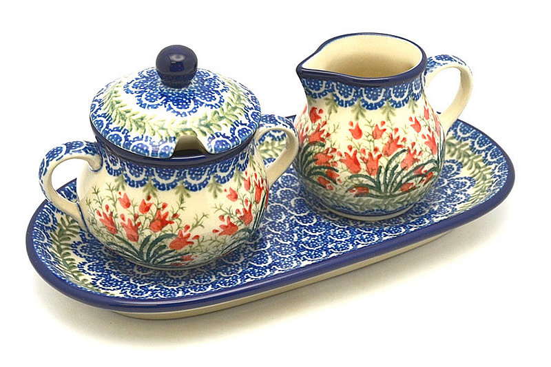 4 1/2"H x 5 1/4"W x 9"L
 Polish Pottery Cream & Sugar Set - Crimson Bells 422-1437a (4 1/2"H x 5 1/4"W x 9"L
)