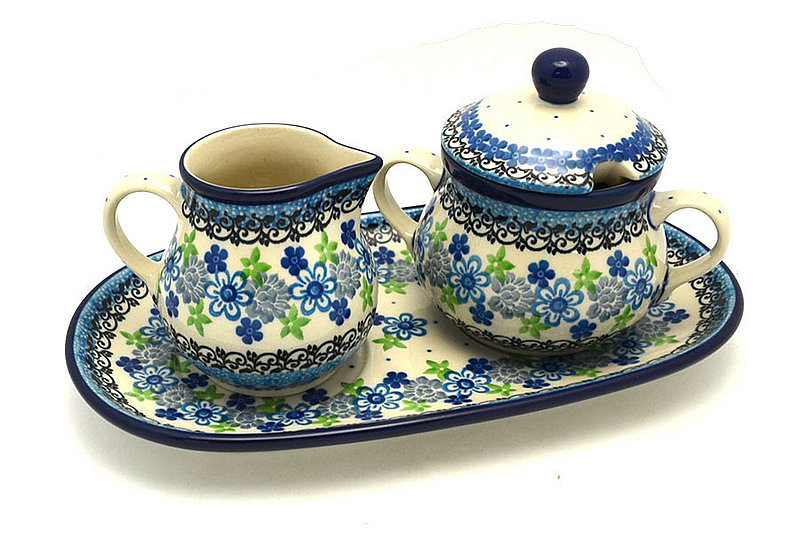 4 1/2"H x 5 1/4"W x 9"L
 Polish Pottery Cream & Sugar Set - Flower Works 422-2633a (4 1/2"H x 5 1/4"W x 9"L
)