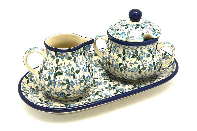 4 1/2"H x 5 1/4"W x 9"L
 Polish Pottery Cream & Sugar Set - Forget-Me-Knot 422-2089a (4 1/2"H x 5 1/4"W x 9"L
)