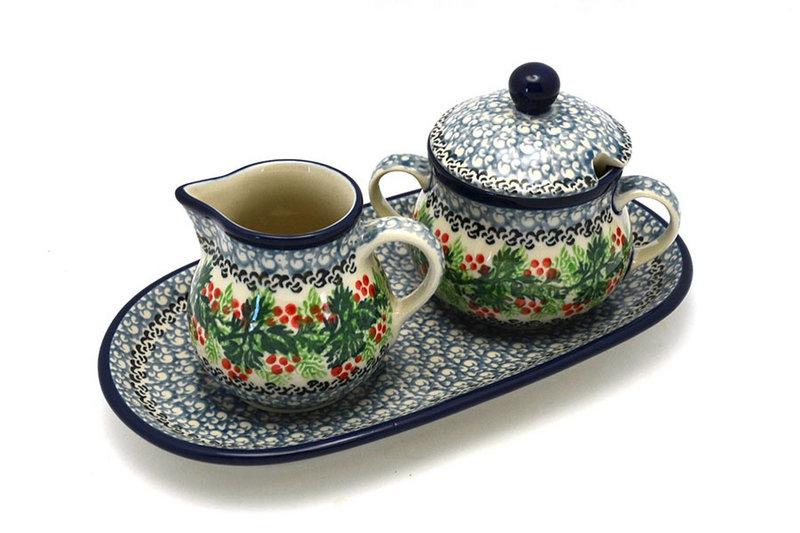 4 1/2"H x 5 1/4"W x 9"L
 Polish Pottery Cream & Sugar Set - Holly Berry 422-1734a (4 1/2"H x 5 1/4"W x 9"L
)