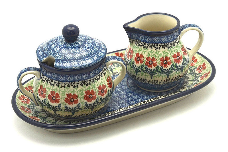 4 1/2"H x 5 1/4"W x 9"L
 Polish Pottery Cream & Sugar Set - Maraschino 422-1916a (4 1/2"H x 5 1/4"W x 9"L
)