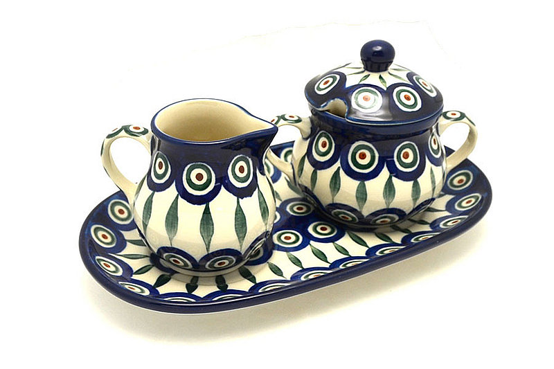 4 1/2"H x 5 1/4"W x 9"L
 Polish Pottery Cream & Sugar Set - Peacock 422-054a (4 1/2"H x 5 1/4"W x 9"L
)