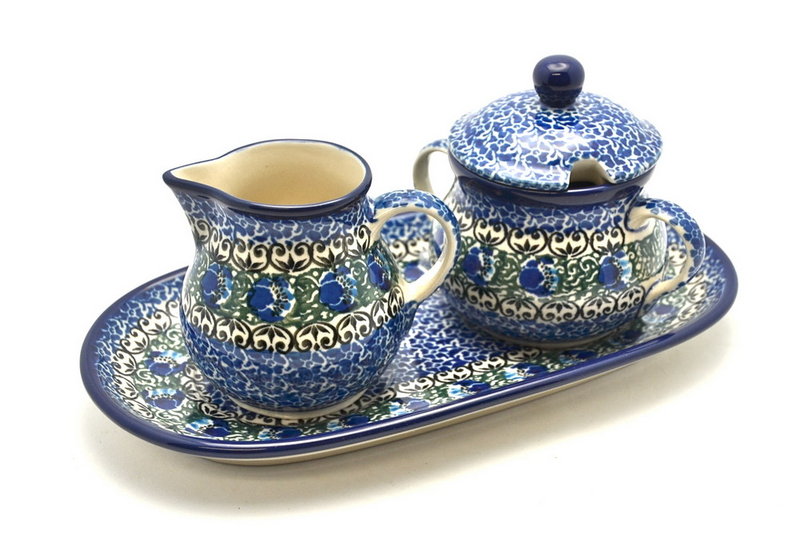 4 1/2"H x 5 1/4"W x 9"L
 Polish Pottery Cream & Sugar Set - Peacock Feather 422-1513a (4 1/2"H x 5 1/4"W x 9"L
)