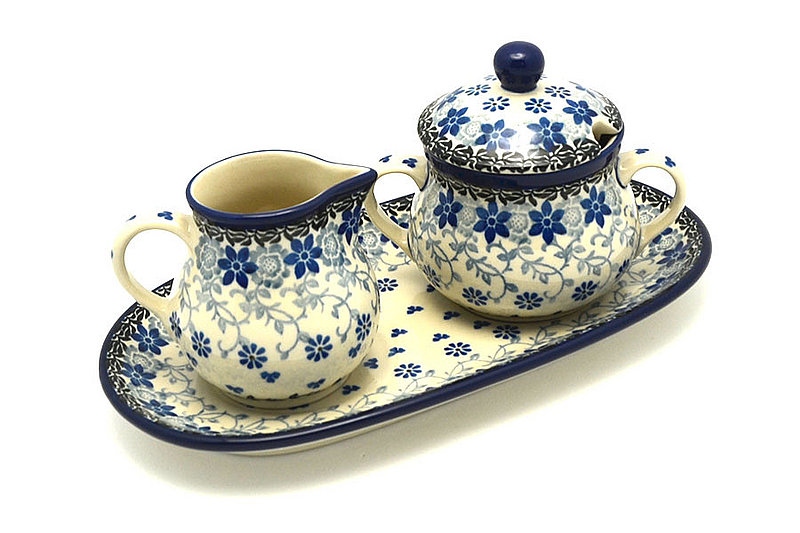 4 1/2"H x 5 1/4"W x 9"L
 Polish Pottery Cream & Sugar Set - Silver Lace 422-2158a (4 1/2"H x 5 1/4"W x 9"L
)