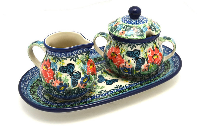 4 1/2"H x 5 1/4"W x 9"L
 Polish Pottery Cream & Sugar Set - Unikat Signature U4553 422-U4553 (4 1/2"H x 5 1/4"W x 9"L
)