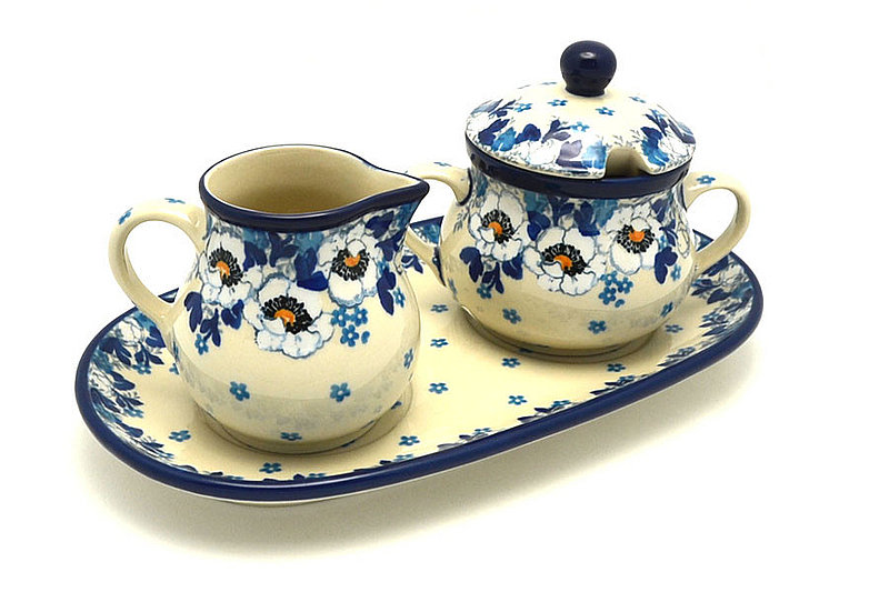 4 1/2"H x 5 1/4"W x 9"L
 Polish Pottery Cream & Sugar Set - White Poppy 422-2222a (4 1/2"H x 5 1/4"W x 9"L
)