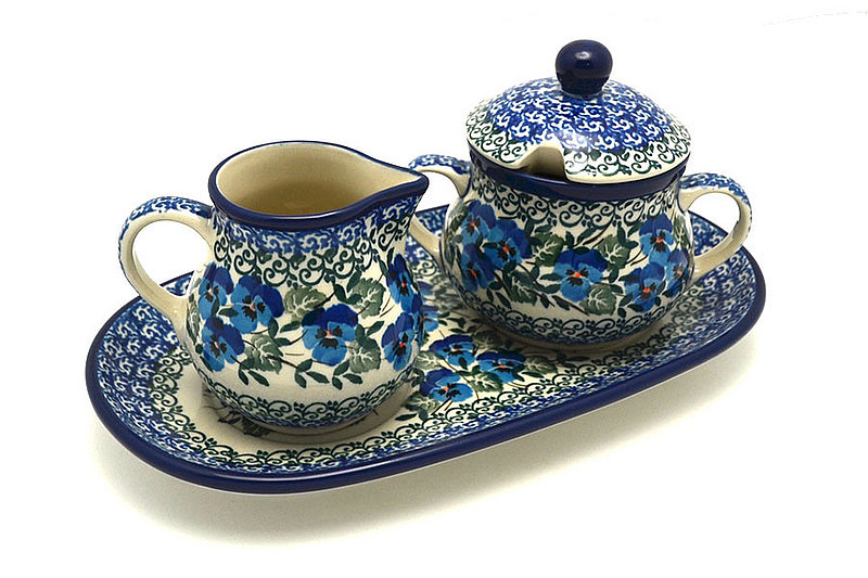 4 1/2"H x 5 1/4"W x 9"L
 Polish Pottery Cream & Sugar Set - Winter Viola 422-2273a (4 1/2"H x 5 1/4"W x 9"L
)