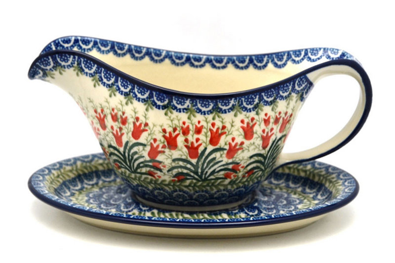 4 1/2"H x 5 3/4"W x 8 3/4"L
 Polish Pottery Gravy Boat - Crimson Bells 239-1437a (4 1/2"H x 5 3/4"W x 8 3/4"L
)