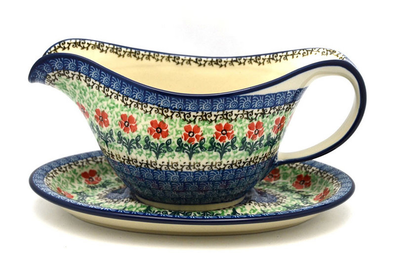4 1/2"H x 5 3/4"W x 8 3/4"L
 Polish Pottery Gravy Boat - Maraschino 239-1916a (4 1/2"H x 5 3/4"W x 8 3/4"L
)
