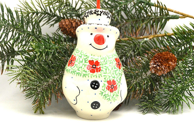 4 1/4"H x 2 1/2"W
 Polish Pottery Ornament - Standing Snowman - Maraschino F81-1916a (4 1/4"H x 2 1/2"W
)