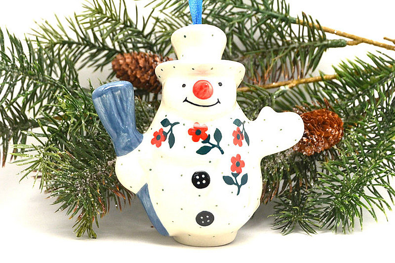 4 1/4"H x 2 1/4"W x 4"L
 Polish Pottery Ornament - Snowman with Broom - Dainty Daisies F61-1661a (4 1/4"H x 2 1/4"W x 4"L
)