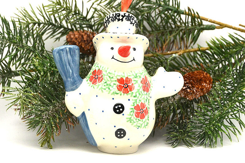 4 1/4"H x 2 1/4"W x 4"L
 Polish Pottery Ornament - Snowman with Broom - Maraschino F61-1916a (4 1/4"H x 2 1/4"W x 4"L
)