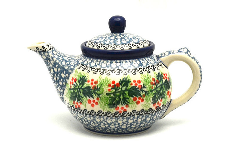 4 1/4"H x 4"W x 6 3/4"L, 14 oz. (filled to the rim)
 Polish Pottery Teapot - 14 oz. - Holly Berry 120-1734a (4 1/4"H x 4"W x 6 3/4"L, 14 oz. (filled to the rim)
)