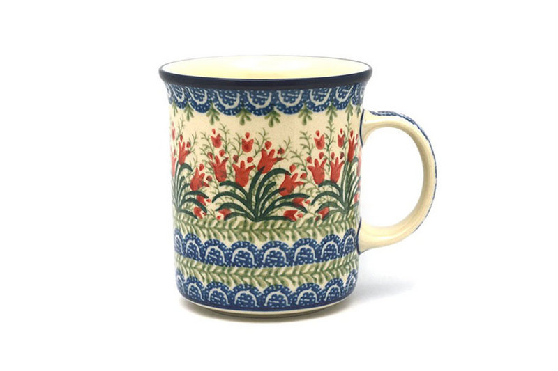 4 3/8"H (15 oz. measured near the rim)
 Polish Pottery Mug - Big Straight Sided - Crimson Bells B13-1437a (4 3/8"H (15 oz. measured near the rim)
)