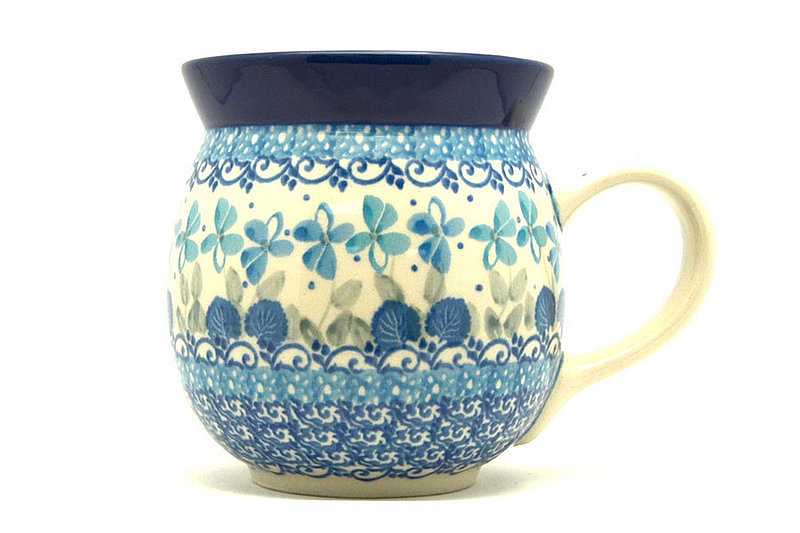 4"H (15 oz measured near the rim)
 Polish Pottery Mug - 15 oz. Bubble - Blue Orchids 073-2751a (4"H (15 oz measured near the rim)
)