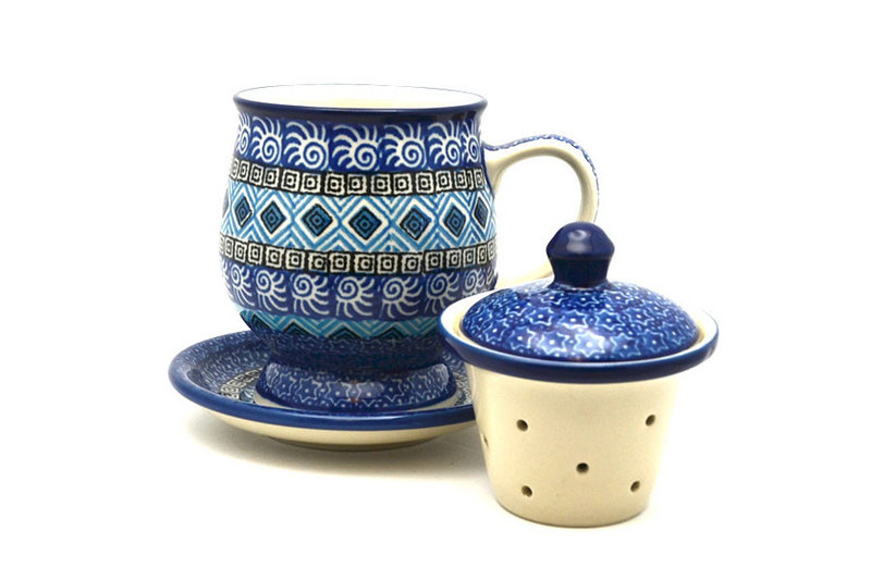 5 1/2"H x 4 1/2"W x 5 1/4"L
 Polish Pottery Mug - with Infuser - Aztec Sky 122-1917a (5 1/2"H x 4 1/2"W x 5 1/4"L
)