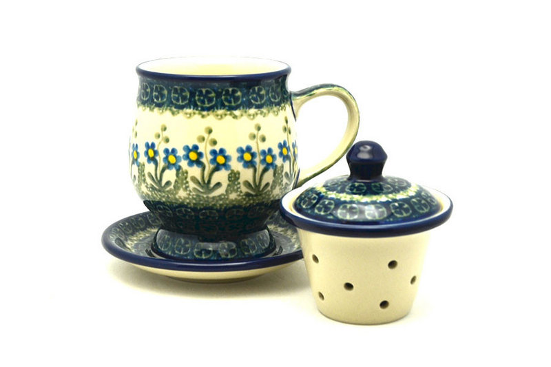 5 1/2"H x 4 1/2"W x 5 1/4"L
 Polish Pottery Mug - with Infuser - Blue Spring Daisy 122-614a (5 1/2"H x 4 1/2"W x 5 1/4"L
)